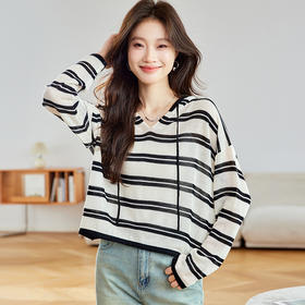 CC-22-2540慵懒风条纹连帽薄款针织衫卫衣女春秋2025新款好看宽松短款上衣