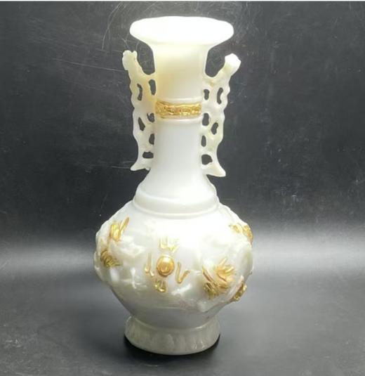 JS（任亿果）乾隆年制明清古董玉汉白玉鎏金花瓶二龙戏珠 商品图0