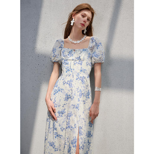 三彩2025夏季新款碎花连衣裙法式方领收腰A字裙泡泡袖长裙优雅S 商品图2