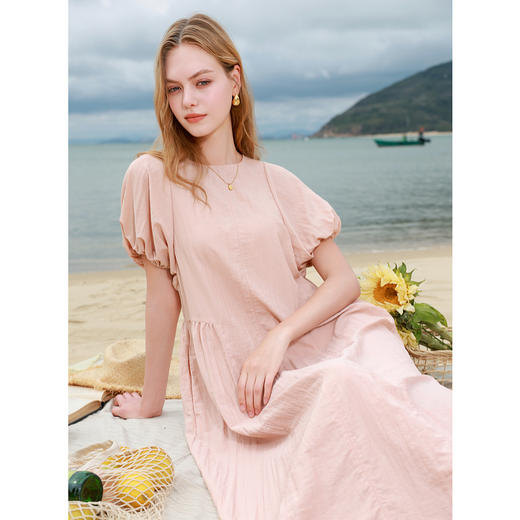 三彩2025夏季新款纯色连衣裙圆领宽松A字裙长裙清新度假M 商品图2