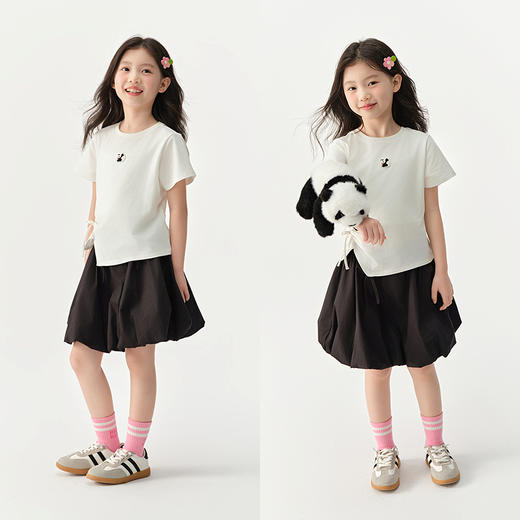 森马儿童短袖T恤2025夏新款女童可盐可甜熊猫刺绣上衣抽褶蝴蝶结 商品图2