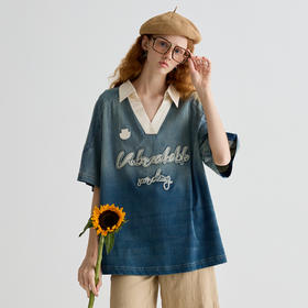 谜底POLO衫短袖女2025夏季新品复古风拼色刺绣宽松上衣252MS0649