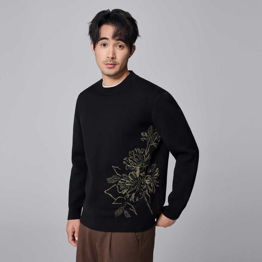 墨麦客男装新中式圆领针织衫男2024冬季新款牡丹刺绣套头男士毛衣 商品图1