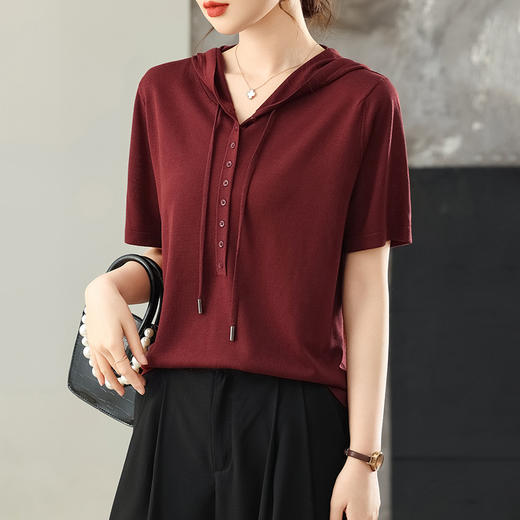 CC-MH-25125连帽短袖t恤女装2025夏季新款莱赛尔天丝针织衫薄款带帽宽松上衣 商品图3