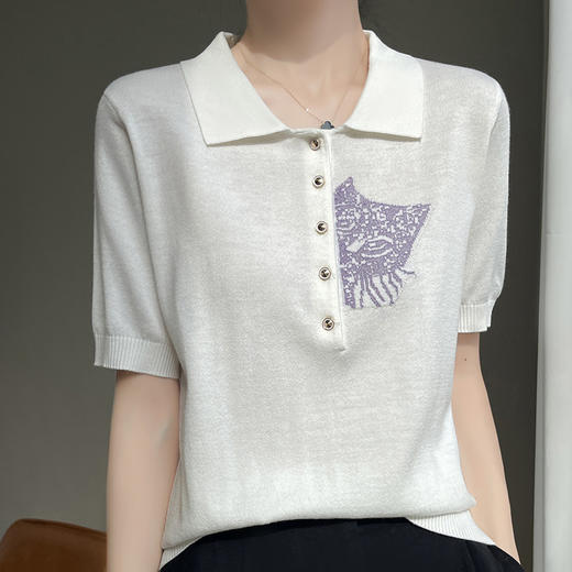 CC-SDY99028宽松POLO领薄款羊毛打底刺绣百搭夏季2025新款针织短袖T恤女 商品图3