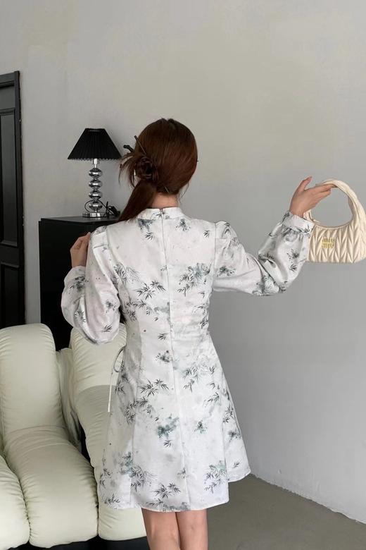 ANSUABEL 竹叶印花镂空领盘扣系带收腰连衣裙 20148 商品图2