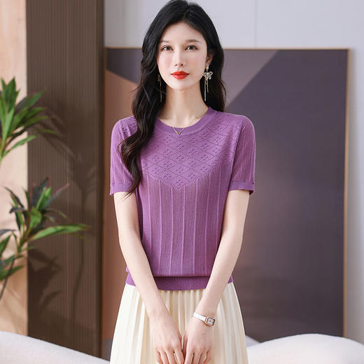 CC-101-359圆领冰丝短袖T恤女2025新款夏季修身显瘦针织衫薄款上衣 商品图0