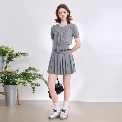 复古学院风针织套装女春夏绣花圆领T恤搭百褶裙搭披肩V0850321 商品图1