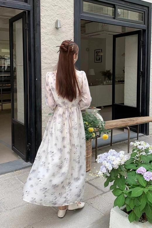 Le Malene 水墨花卉印花镂空盘扣长款连衣裙 20040 商品图2