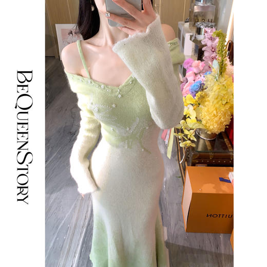 余潇潇【绿野仙情】羊驼毛羊毛两色提花渐变收腰鱼尾连衣裙过年穿搭 商品图0