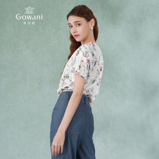 乔万尼真丝短袖上衣女设计感衬衫时尚气质v领印花桑蚕丝衬衣夏ES2C135 商品图3