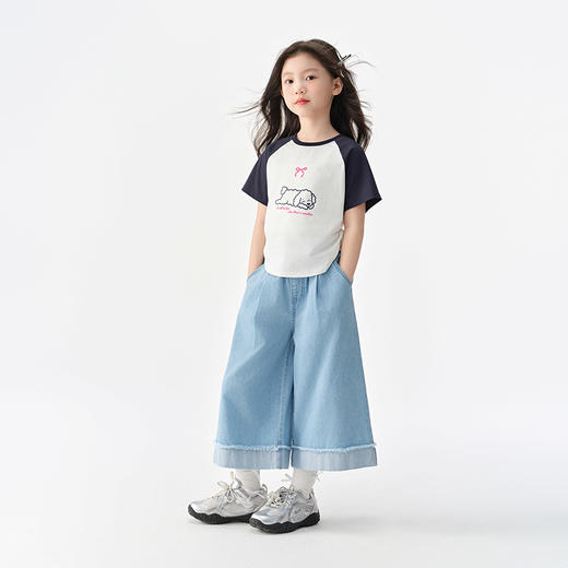 森马儿童牛仔裤2025夏季新款女童宽松阔腿裤毛边裤子时髦长裤纯棉 商品图2