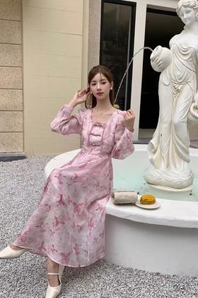 ANSUABEL 粉色印花方领盘扣长款连衣裙 20037