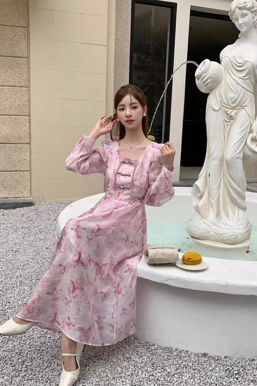 ANSUABEL 粉色印花方领盘扣长款连衣裙 20037 商品图0