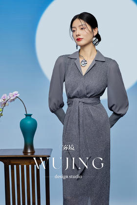 3205184 烟岚云岫 重工烫钻植绒弹力料/韩国进口水晶乔其纱连衣裙 雾境