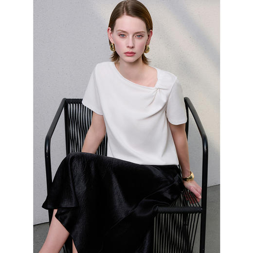 三彩2025夏季新款褶皱T恤莱赛尔不对称设计感短袖上衣套头衫S 商品图2