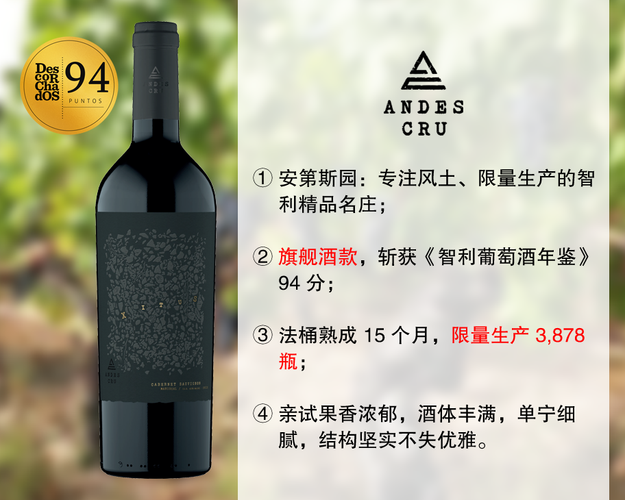 【现货特促，整箱更优惠】智利精品名庄：安第斯园西图斯赤霞珠旗舰干红（2021年）
