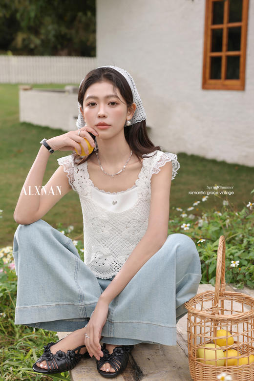 鹿向南「云水谣」米白色法式气质修身蕾丝假两件女背心2025夏新款 商品图5