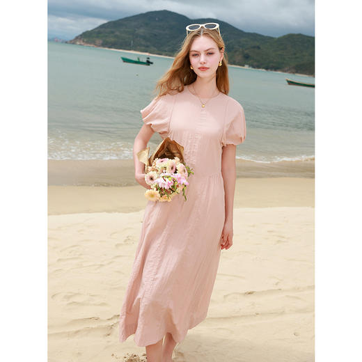 三彩2025夏季新款纯色连衣裙圆领宽松A字裙长裙清新度假M 商品图3