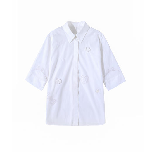 谜底衬衫分袖女2025夏季新品通勤镂空绣花大廓形白衬衣252MC0601 商品图4
