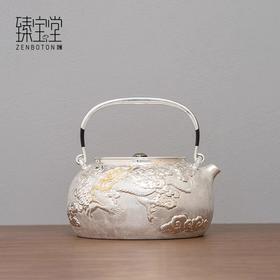 臻宝堂银壶999纯银烧水壶足银纯手工一张打游龙煮茶壶高端银茶具