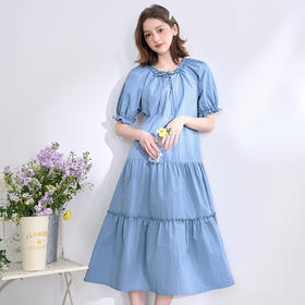 慵懒随性拼接木耳边泡泡短袖连衣裙女春夏A字宽松长裙V0850331