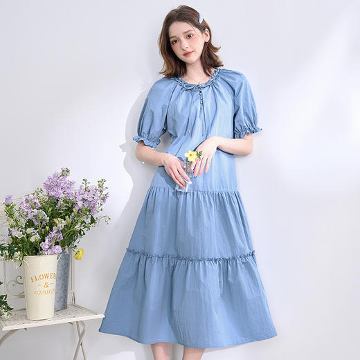 慵懒随性拼接木耳边泡泡短袖连衣裙女春夏A字宽松长裙V0850331 商品图0