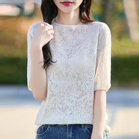 CC-LS-2292冰丝针织短袖t恤女夏季2025新设计感款蕾丝提花打底洋气薄款上衣
