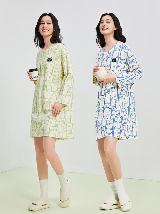 【100%棉 内置胸垫】【M-2XL】【有棵树】女士长袖纯棉卡通睡裙 商品图6