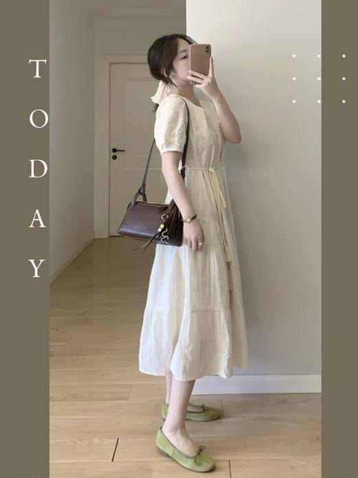 【百图lulu定制】【知夏连衣裙】雏菊刺绣 流苏腰带 布包纽扣  短袖连衣裙 商品图5