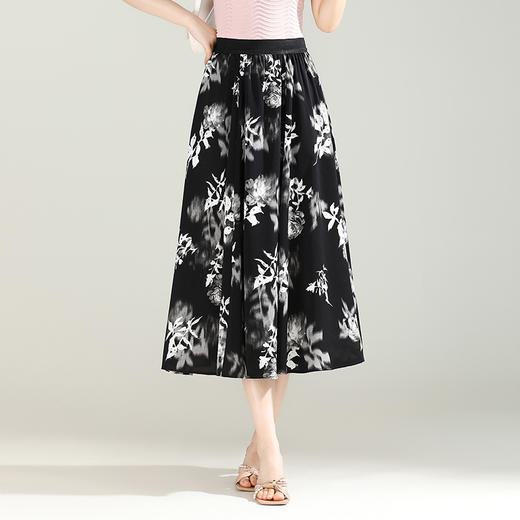 垂感印花雪纺裙中长款洋气休闲大摆裙2025年夏款松紧腰时尚半身裙YGLR-2955-L 商品图0