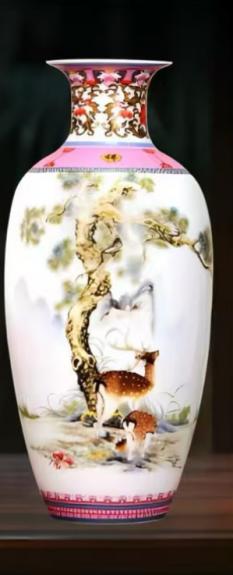 JS（任亿果）景德镇花瓶鹤鹿同春梅花鹿冬瓜瓶+底座 商品图0