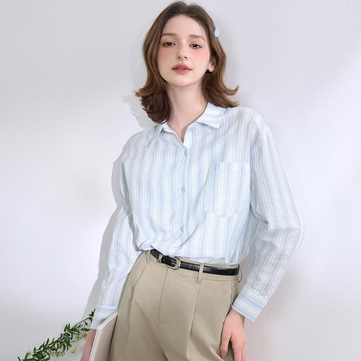 文艺感清爽撞色条纹长袖衬衫女2025春夏慵懒随性宽松衬衣V0850600 商品图4