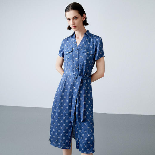 EITIE爱特爱夏季新款通勤时尚气质印花系带收腰连衣裙女7807508 商品图1