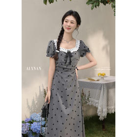 鹿向南「柏林少女」优雅气质2025夏女灰色长裙收腰方领连衣裙