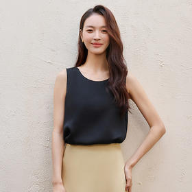 玳莎黑色格纹真丝无袖背心2025夏季新款女宽松圆领套头打底上衣  FB31001