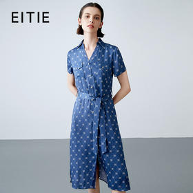 EITIE爱特爱夏季新款通勤时尚气质印花系带收腰连衣裙女7807508