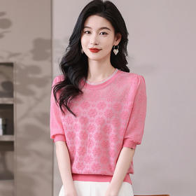 CC-QG-6011天丝针织短袖t恤女夏季2025新款蕾丝拼接圆领镂空钩花宽松体恤薄