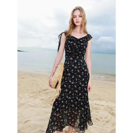 三彩2025夏季新款碎花连衣裙荷叶边吊带裙收腰A字裙长裙M 商品图3