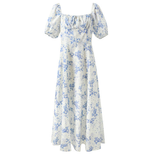 三彩2025夏季新款碎花连衣裙法式方领收腰A字裙泡泡袖长裙优雅S 商品图4