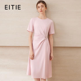 EITIE爱特爱气质圆领不对称压褶收腰A字显瘦连衣裙2025夏季新款B2507678