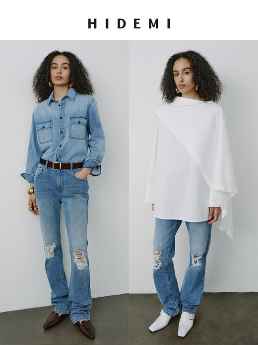 HIDEMI都市单宁系列多重水洗猫须牛仔蓝不规则破洞手作做旧牛仔裤 商品图0