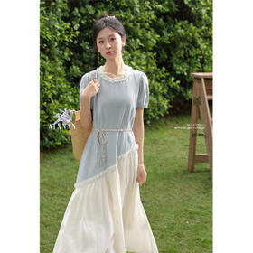 鹿向南「白茶清欢」薄荷蓝拼接连衣裙女夏季设计感小众短袖a字裙