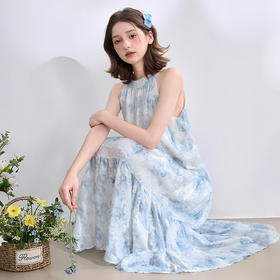【海盐度假风】重工流苏晕染挂脖连衣裙女春夏宽松长裙V0050628