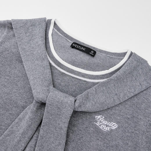 复古学院风针织套装女春夏绣花圆领T恤搭百褶裙搭披肩V0850321 商品图5