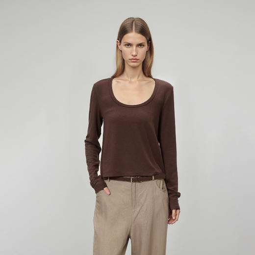 ROMI STUDIO“基础随性”绵羊毛莱赛尔混纺修身U领长袖T恤 441G1128 商品图0