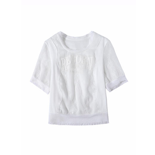 谜底T恤短袖女2025夏季新品度假风浪漫蕾丝合身短款上衣252MT0655 商品图4