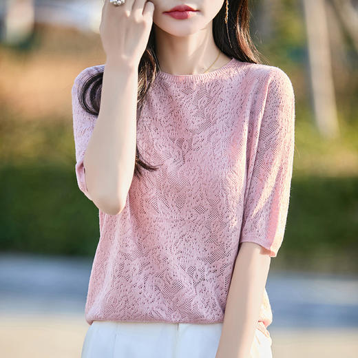 CC-LS-2292冰丝针织短袖t恤女夏季2025新设计感款蕾丝提花打底洋气薄款上衣 商品图3