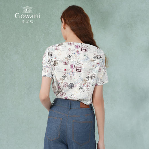 乔万尼真丝短袖上衣女设计感衬衫时尚气质v领印花桑蚕丝衬衣夏ES2C135 商品图4