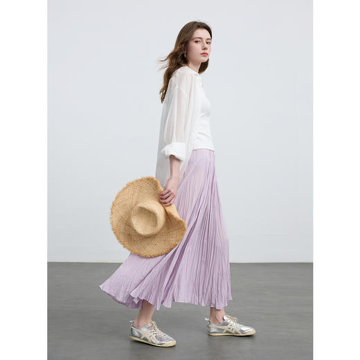 三彩2025春季新款肌理感压褶半身裙松紧高腰A字裙浪漫长裙M 商品图1